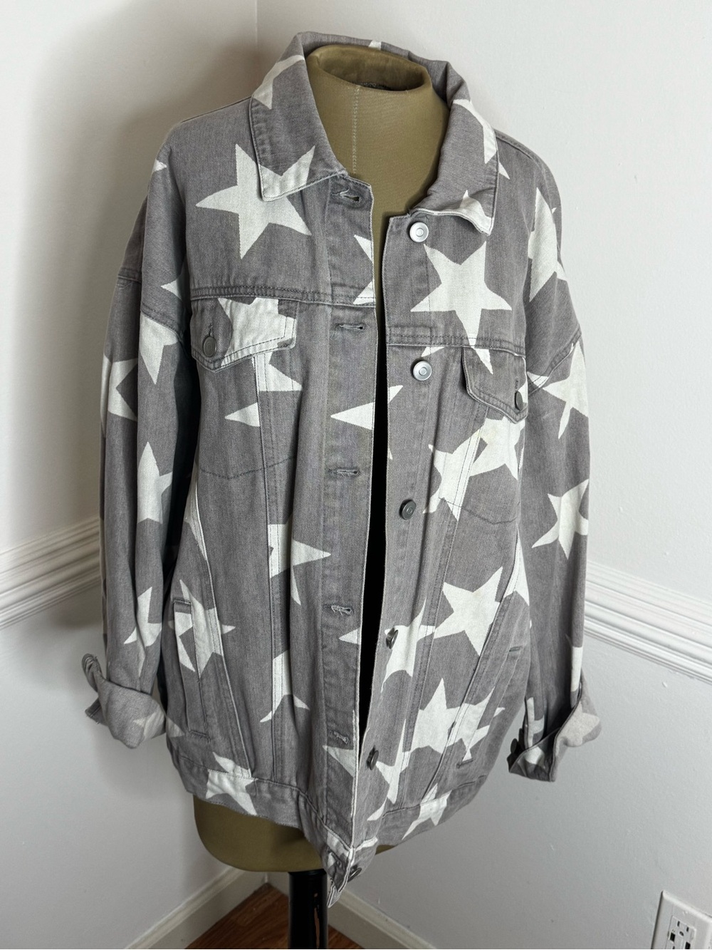 Grey Star-Print Denim Jacket - Women's Jean Jacket
